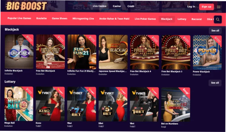Popular games at Big Boost Casino online casino
